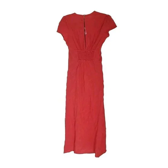 NEW FREE PEOPLE FREE-EST NATALYA SMOCKED COTTON WARM RED RUCHED MIDI DRESS SZ XS - Picture 3 of 10